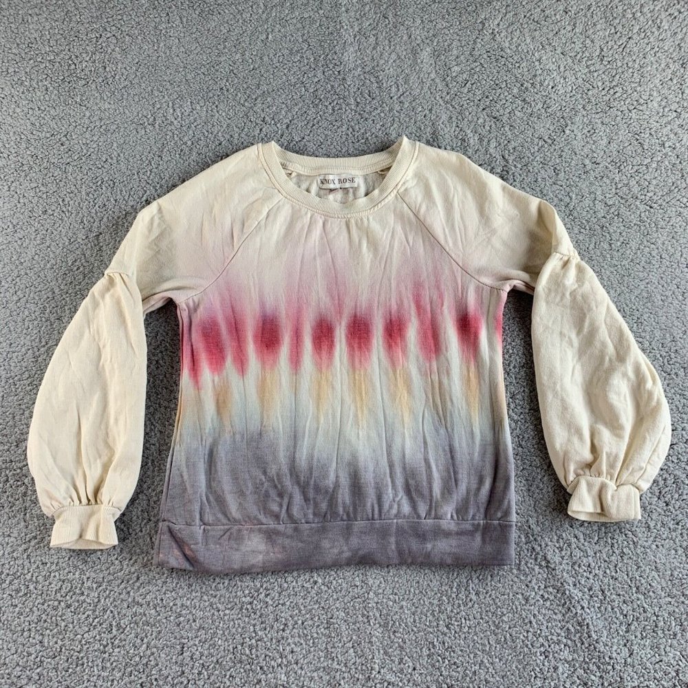 Knox Rose Tie Dye Sweatshirt Top Womens Small Ivory Balloon Sleeve Boho Fleece